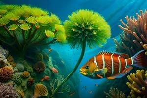 ein unter Wasser Szene mit Fisch und Koralle. KI-generiert foto