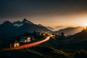 ein Straße im das Berge mit ein Licht Pfad. KI-generiert foto