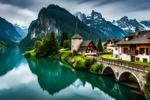 ein schön Berg See mit Häuser und ein Brücke. KI-generiert foto