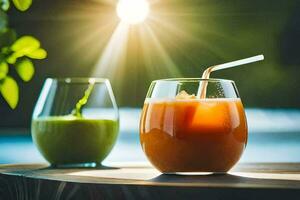 zwei Brille von Saft mit Strohhalme auf ein Tisch. KI-generiert foto