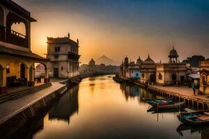 das Sonne setzt Über das Wasser im ein Kanal im Indien. KI-generiert foto