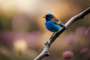 ein Blau und Orange Vogel Sitzung auf ein Ast. KI-generiert foto