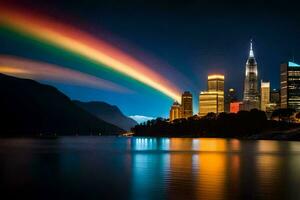 ein Regenbogen Über ein Stadt Horizont beim Nacht. KI-generiert foto