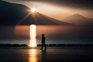 ein Mann Gehen auf das Strand beim Sonnenuntergang. KI-generiert foto