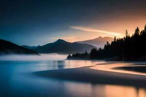ein schön Sonnenuntergang Über ein See und Berge. KI-generiert foto