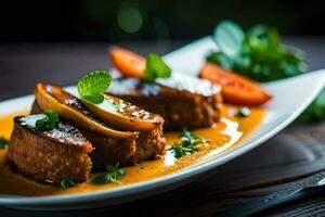 ein Teller von Essen mit Fleisch und Soße. KI-generiert foto