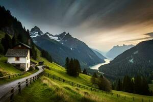 ein Haus auf ein Hügel mit Blick auf ein Schlucht. KI-generiert foto