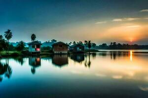 das Sonne setzt Über ein See mit Häuser auf Es. KI-generiert foto