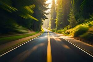 ein verschwommen Bild von ein Straße im das Wald. KI-generiert foto