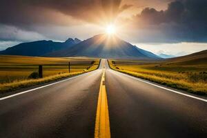 ein lange Straße mit das Sonne leuchtenden Über Es. KI-generiert foto