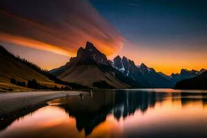 das Berge sind reflektiert im das Wasser beim Sonnenuntergang. KI-generiert foto