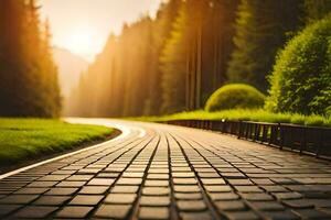 ein Straße mit Gras und Bäume im das Hintergrund. KI-generiert foto