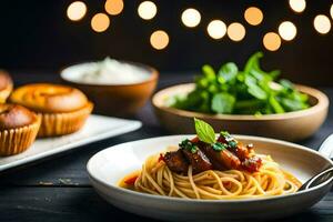 Spaghetti mit Fleischklößchen und Soße auf ein hölzern Tisch. KI-generiert foto