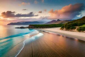 ein schön Strand mit ein Sonnenuntergang und Berge im das Hintergrund. KI-generiert foto