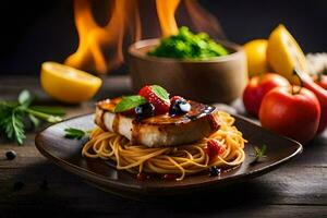 ein Teller von Essen mit Pasta und Gemüse. KI-generiert foto