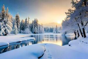 Winter Landschaft mit Schnee bedeckt Bäume und Fluss. KI-generiert foto