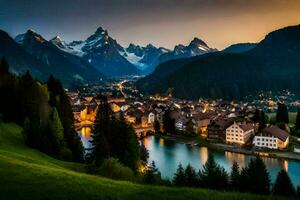 das Stadt, Dorf von Schweiz beim Dämmerung. KI-generiert foto