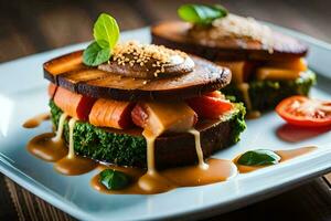 zwei Sandwiches mit Gemüse auf ein Weiß Platte. KI-generiert foto