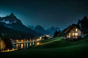 ein Haus sitzt auf ein Hügel mit Blick auf ein See beim Nacht. KI-generiert foto