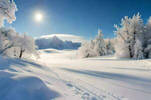 Schnee bedeckt Bäume und das Sonne leuchtenden im das Himmel. KI-generiert foto