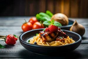 Spaghetti mit Fleisch und Tomaten auf ein hölzern Tisch. KI-generiert foto