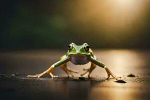 ein Frosch ist Stehen auf das Boden mit das Sonne leuchtenden im das Hintergrund. KI-generiert foto