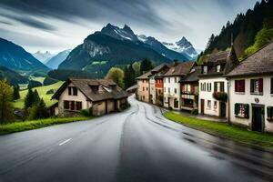 ein Straße im das Berge mit Häuser und Berge im das Hintergrund. KI-generiert foto