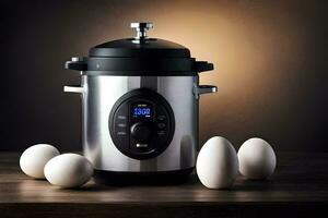 ein elektrisch Druck Kocher mit Eier auf ein Tisch. KI-generiert foto