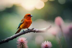 ein klein Orange Vogel ist Sitzung auf ein Ast. KI-generiert foto
