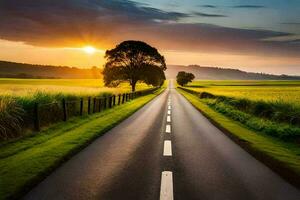 ein lange Straße mit ein Sonnenuntergang im das Distanz. KI-generiert foto