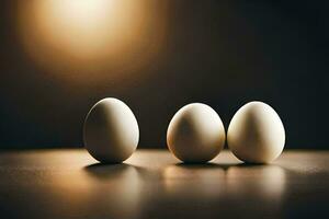 drei Eier sind Stehen im ein Reihe. KI-generiert foto