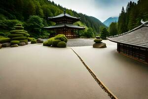 ein japanisch Garten mit ein Pagode und Felsen. KI-generiert foto