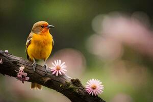 ein klein Orange Vogel sitzt auf ein Ast mit Rosa Blumen. KI-generiert foto