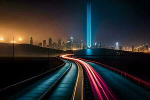 ein lange Exposition Foto von ein Stadt Horizont beim Nacht. KI-generiert