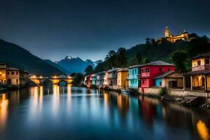 bunt Häuser entlang das Fluss beim Nacht. KI-generiert foto