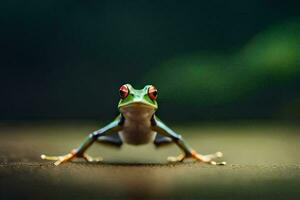 ein Frosch mit rot Augen Stehen auf das Boden. KI-generiert foto