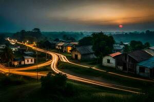 das Sonne setzt Über ein Dorf im das Mitte von das Nacht. KI-generiert foto