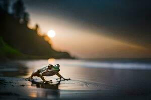 ein Frosch auf das Strand beim Sonnenuntergang. KI-generiert foto
