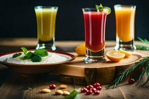 drei Brille von Saft und Reis auf ein Tisch. KI-generiert foto