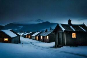 ein schneebedeckt Dorf beim Nacht mit Häuser und Berge im das Hintergrund. KI-generiert foto