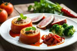 ein Teller mit Essen auf Es, einschließlich Tomaten, Brokkoli und Fleisch. KI-generiert foto