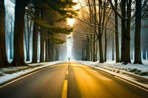 ein lange Exposition fotografieren von ein schneebedeckt Straße. KI-generiert foto