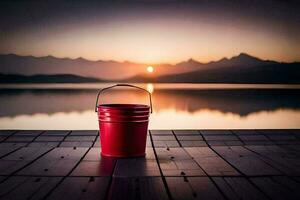 ein rot Eimer sitzt auf ein hölzern Deck mit Blick auf ein See. KI-generiert foto
