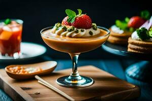 ein Dessert mit Erdbeeren und ausgepeitscht Creme. KI-generiert foto