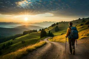 ein Mann mit Rucksack und Wanderung Stangen Spaziergänge auf ein Straße im das Berge. KI-generiert foto