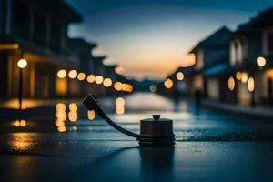 ein Kaffee Topf Sitzung auf das Straße beim Nacht. KI-generiert foto