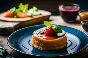 ein Dessert auf ein Blau Teller mit ein Erdbeere. KI-generiert foto