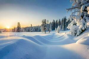 Foto Hintergrund das Himmel, Schnee, Bäume, das Sonne, Winter, das Wald, das Berge. KI-generiert