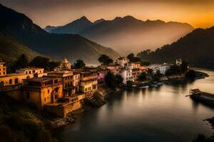 Foto Hintergrund das Himmel, Berge, Fluss, Haus, Indien, Sonnenuntergang, das Stadt,. KI-generiert