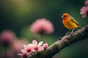 ein Vogel ist thront auf ein Ast mit Rosa Blumen. KI-generiert foto